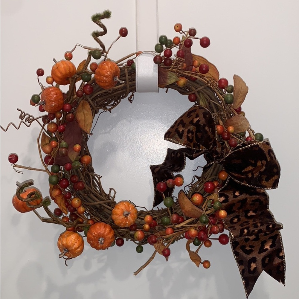 Artistic Handmade Fall Grapevine Wreath with Animal Print Bow